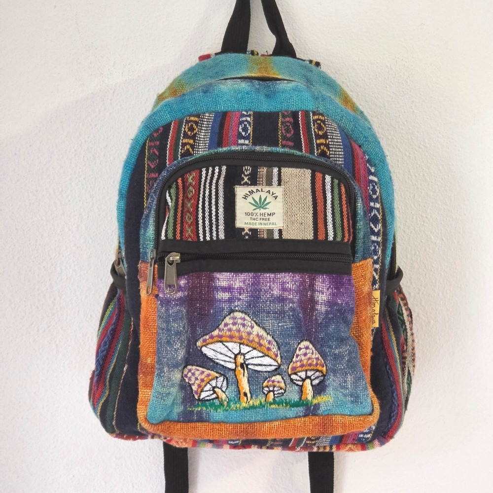 Himalaya Nepal Hemp Mushroom Embroidery Mini Backpack Patchwork Boho Hippie Bag